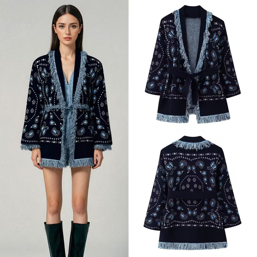 Damen Fransen-Kimono-Cardigan mit Paisley-Jacquard und Bindegürtel Drune