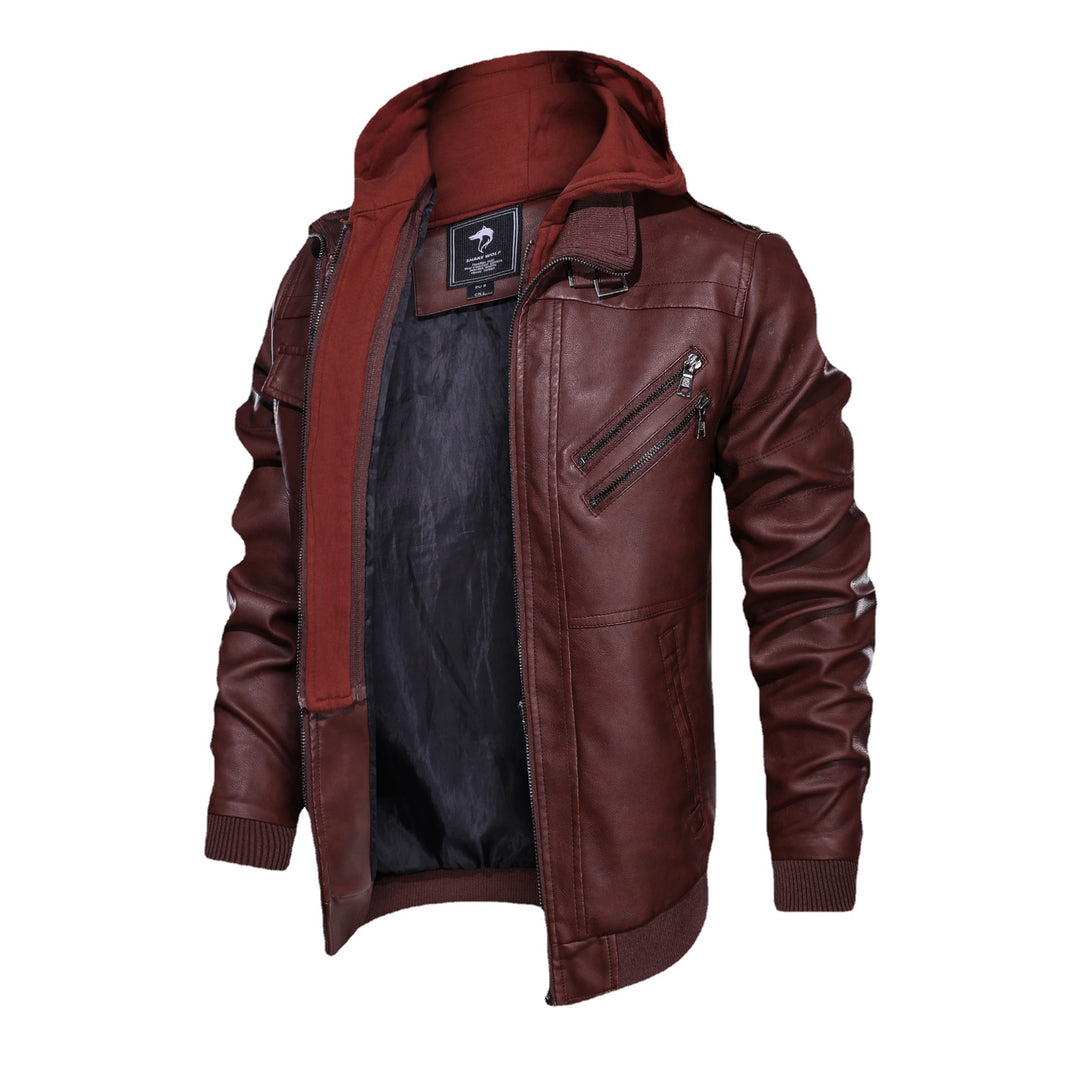 Herren Lederoptik-Utility-Jacke mit Kapuze, Reißverschlusstaschen und Rippbündchen Drune