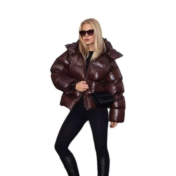 Damen Oversize Steppjacke in Lackoptik mit hohem Kragen und wattierter Fütterung Drune