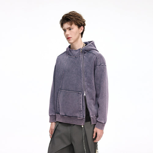 Herren Oversize Waffelstruktur-Kapuzenjacke mit hohem Schlauchkragen und diagonalem Reißverschluss Drune