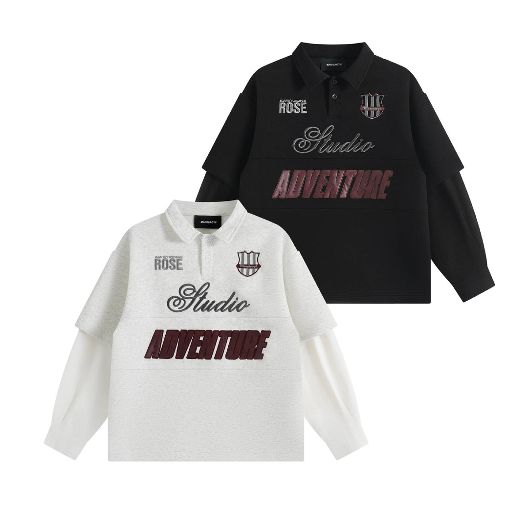 Damen Lagenlook-Sweatshirt mit Polokragen und aufgesetzten Stick-Patches Drune