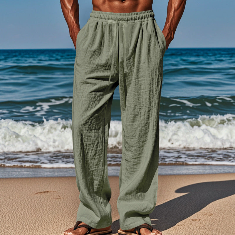 Herren Leichte Leinenhose mit weitem Schnitt, Elastikbund und Kordelzug Drune