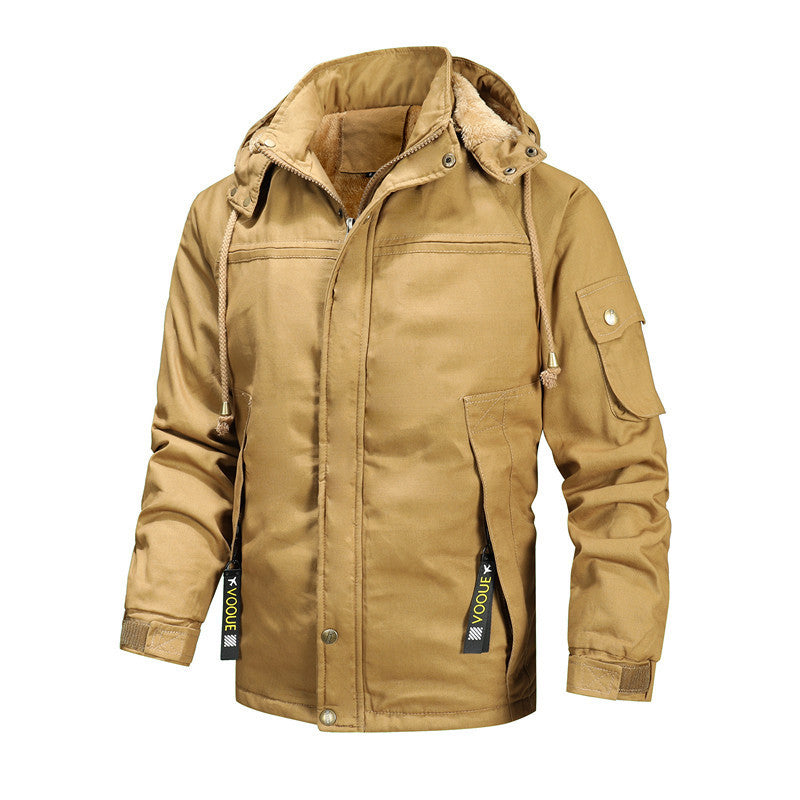 Herren wetterfeste Kapuzen-Canvasjacke mit Teddyfutter und Multifunktions-Taschen Drune