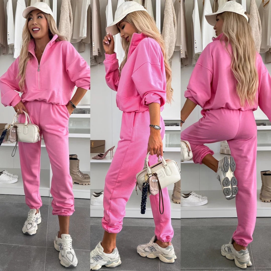 Damen kuscheliger Freizeit-Jogginganzug mit halbem Reißverschluss, Kängurutasche und elastischen Bündchen Drune