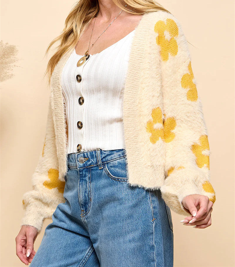 Damen Flauschiger Cardigan mit Blumenmuster Drune