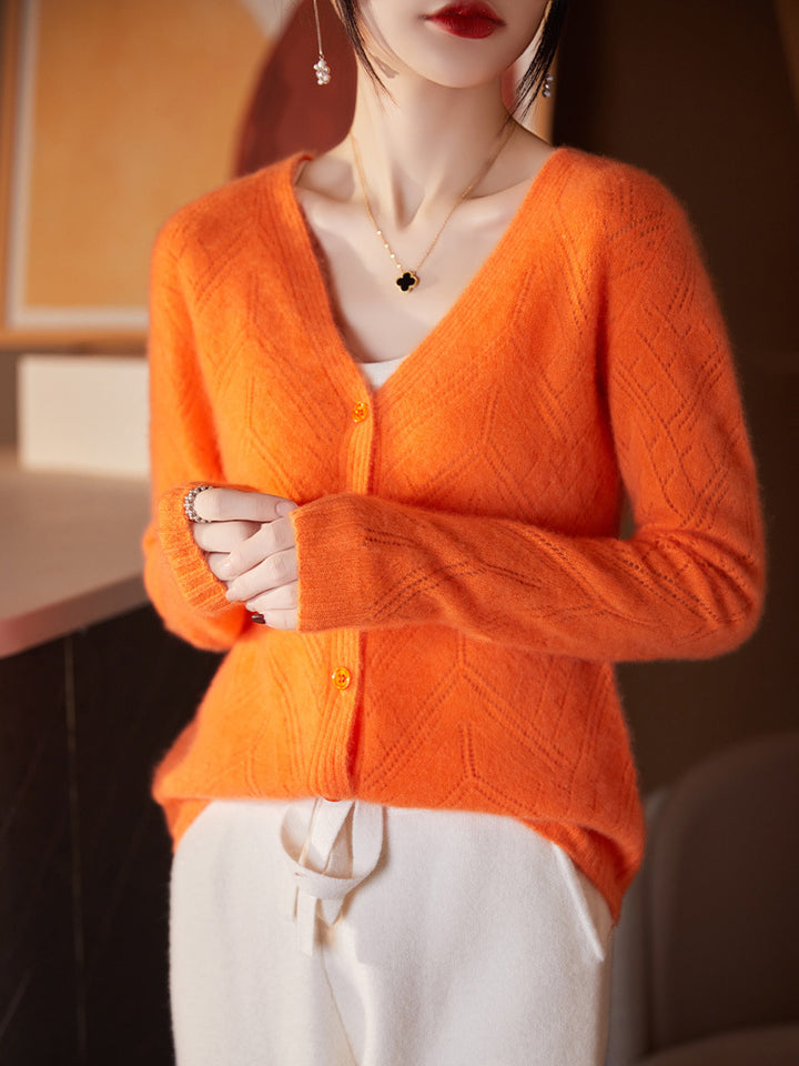 Damen Leichter Ajourcardigan mit geometrischer Lochstruktur und kastiger Kurzform Drune