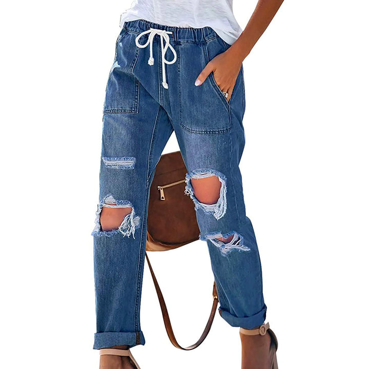 Damen nan lässige Destroyed-Denim-Jogger mit elastischem Kordelbund und aufgesetzten Fronttaschen Drune