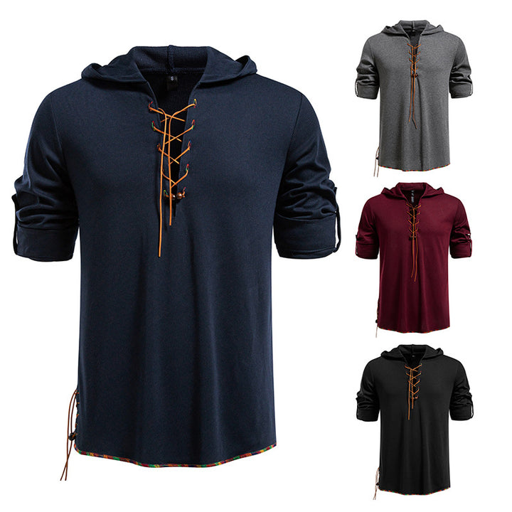 Herren Leichtes Kapuzen-Langarmshirt mit Schnürfront und aufrollbaren Dreiviertel-Ärmeln Drune