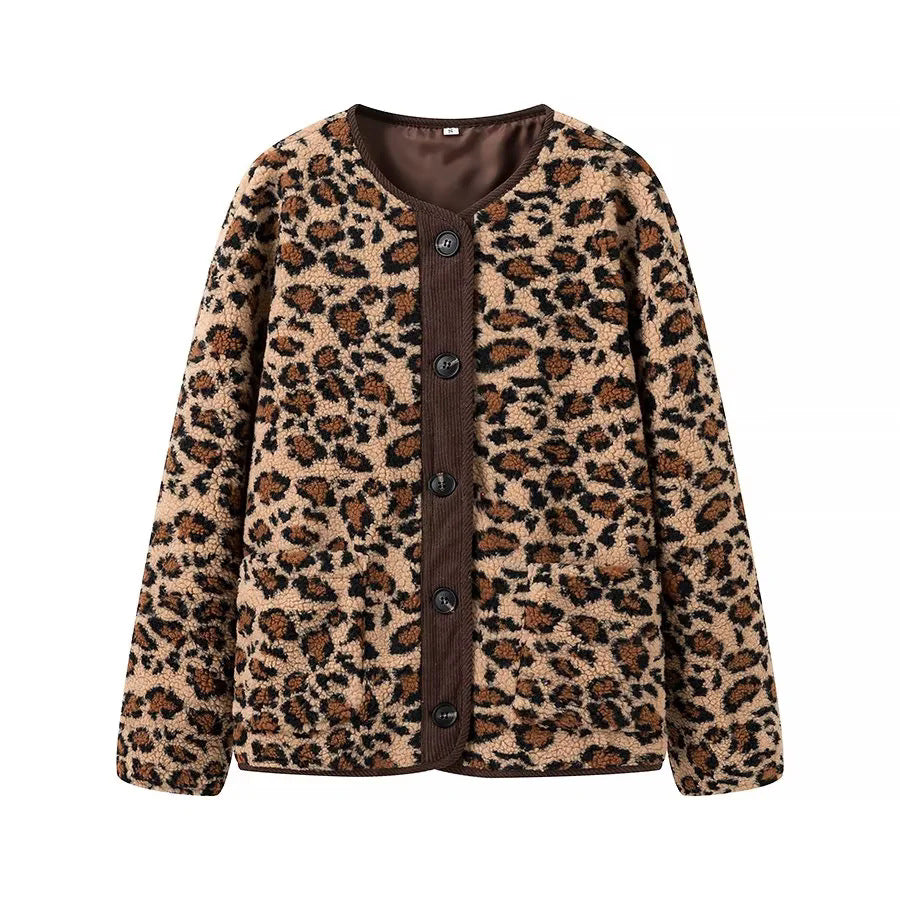 Damen nan Teddyjacke mit Leopardenmuster Knopfverschluss und Kordbesatz Drune