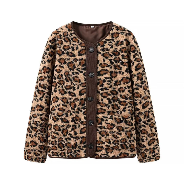 Damen nan Teddyjacke mit Leopardenmuster Knopfverschluss und Kordbesatz Drune