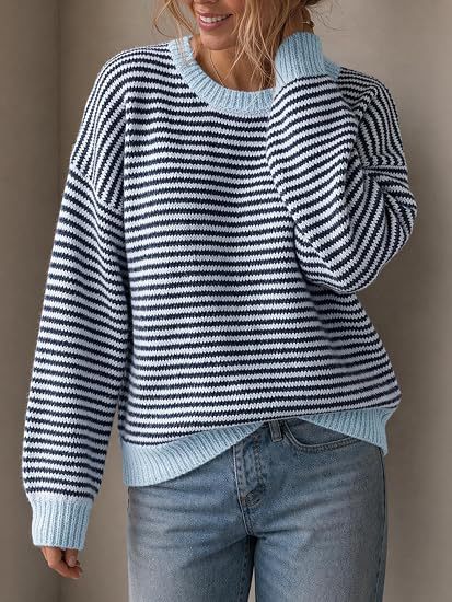 Damen Gestreifter Rippstrick-Pullover mit Kontrast-Bündchen Drune