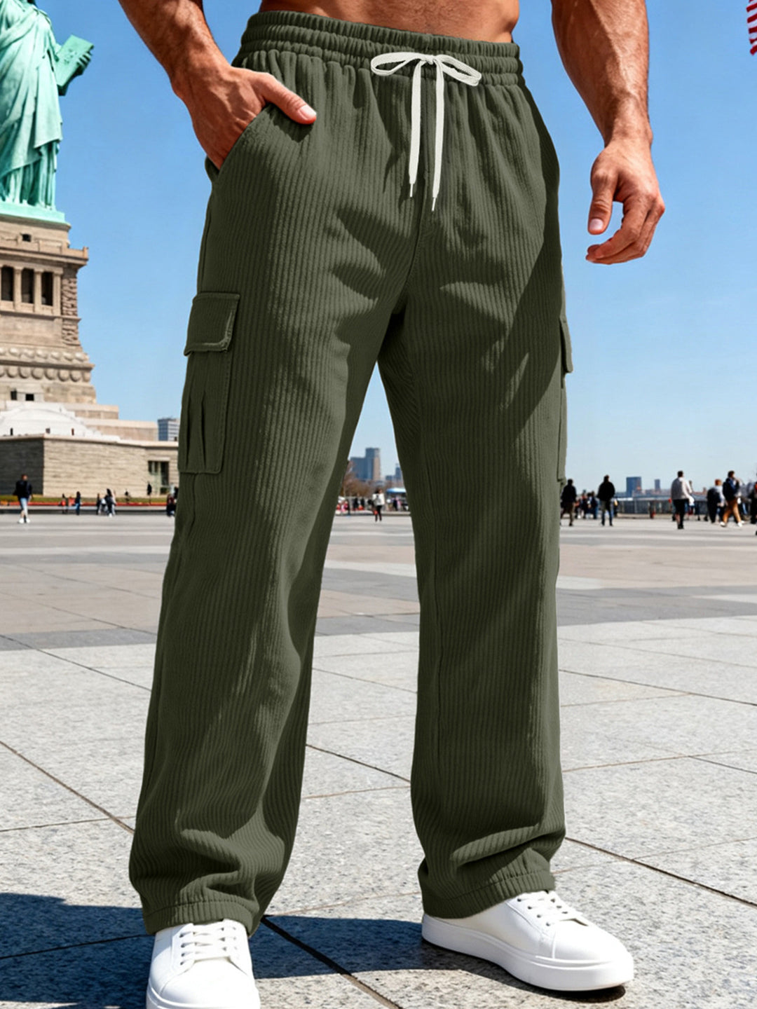 Herren Gerippte Cargo-Freizeithose mit Tunnelzug und Elastikbund Drune