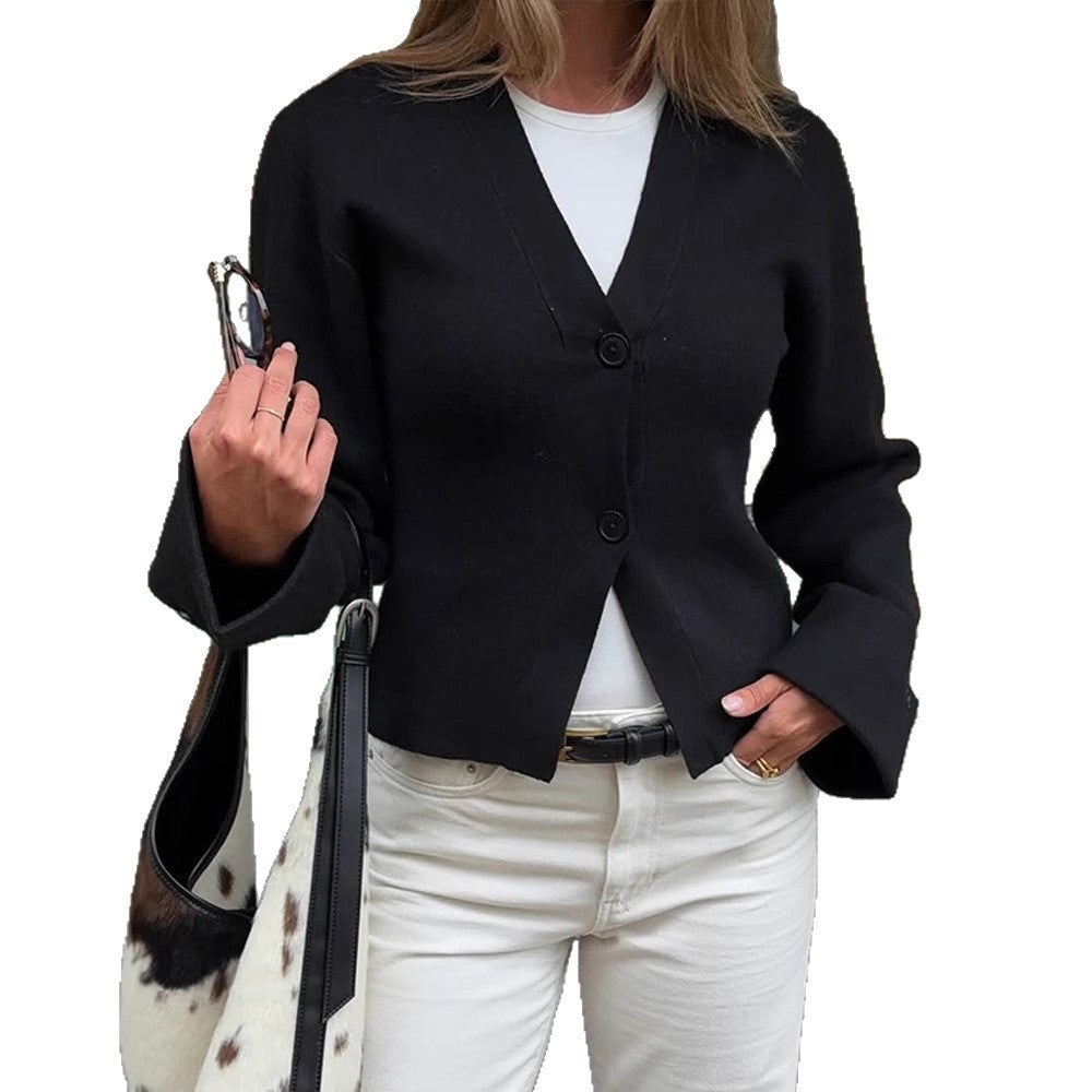 Damen Taillierte Feinstrickjacke mit tiefem V-Ausschnitt und breiten Manschetten Drune