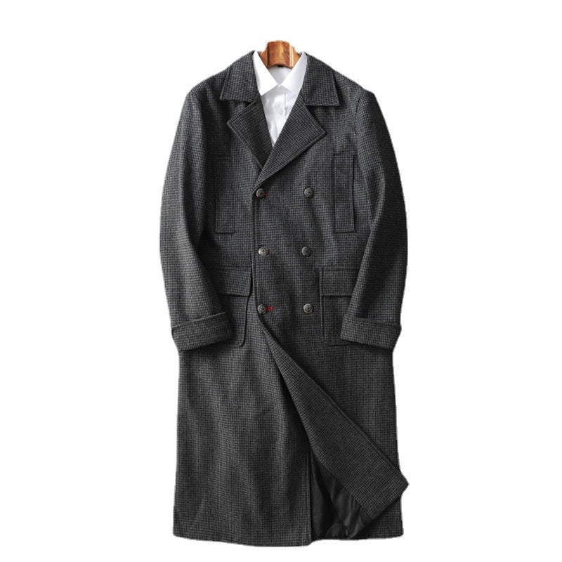 Herren Eleganter lang geschnittener Wollmantel mit Doppelreihe und Pattentaschen Drune