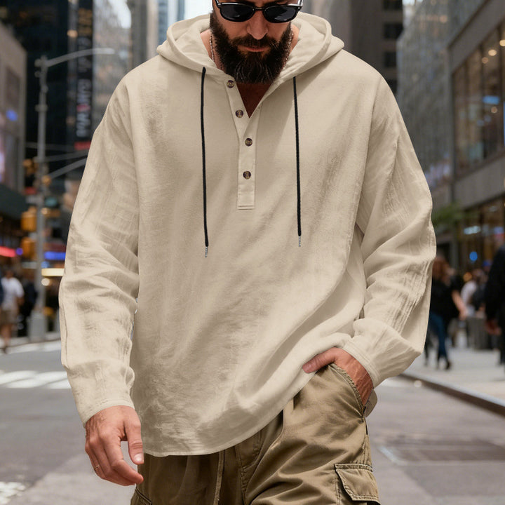Herren nan leichter Kapuzenshirt mit Knopfleiste aus Leinenmischung und entspanntem Schnitt Drune