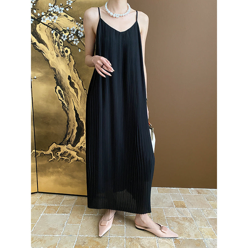 Damen Maxikleid mit plissierten Falten und schmalen Trägern Drune
