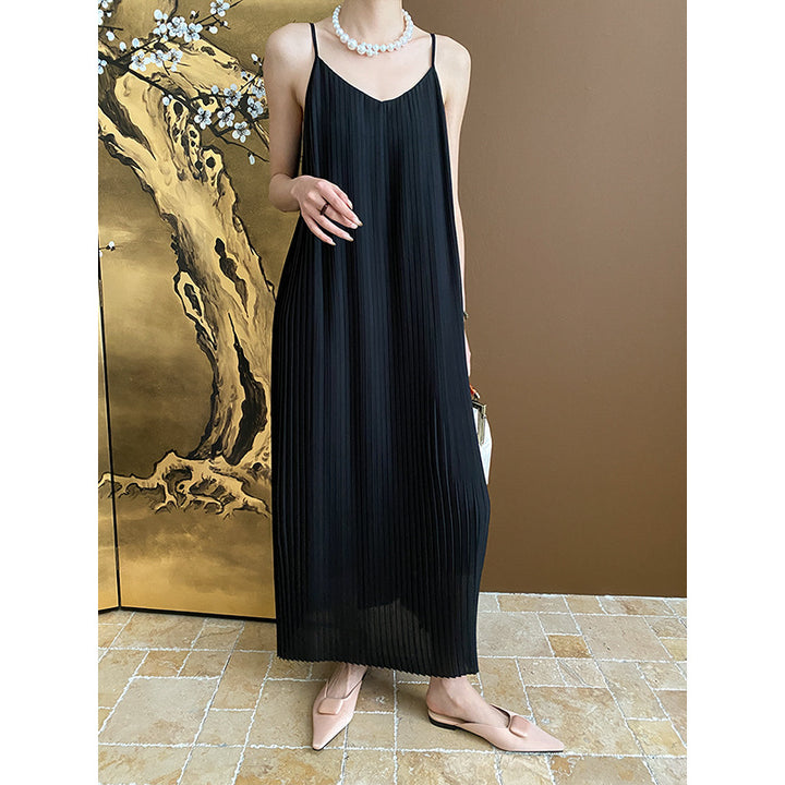 Damen Maxikleid mit plissierten Falten und schmalen Trägern Drune