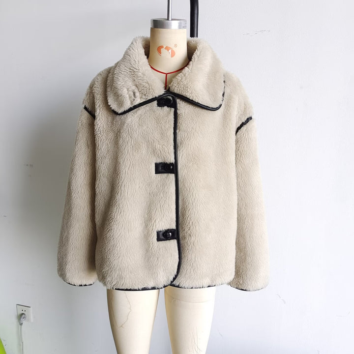 Damen nan kurze Oversize Lammfelloptik Jacke mit breitem Schalkragen und dekorativen Paspelabschlüssen Drune
