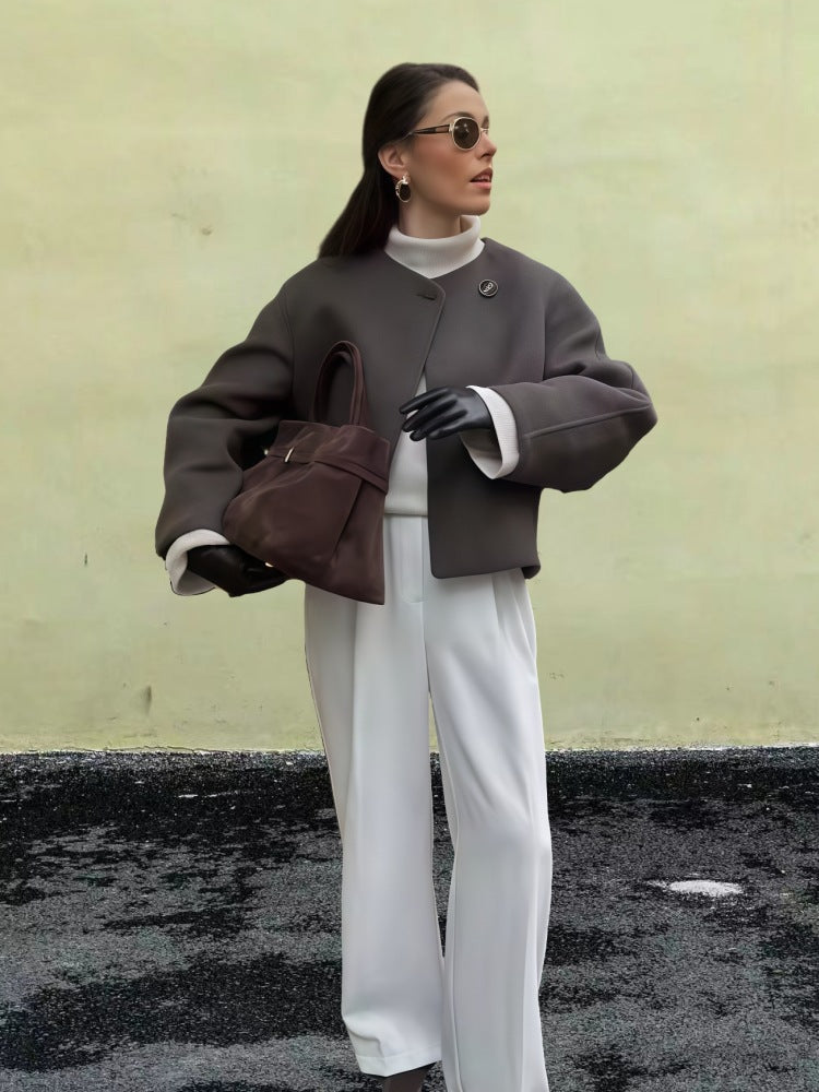Damen Wickeljacke mit weiten Ärmeln und dekorativem Knopf Drune