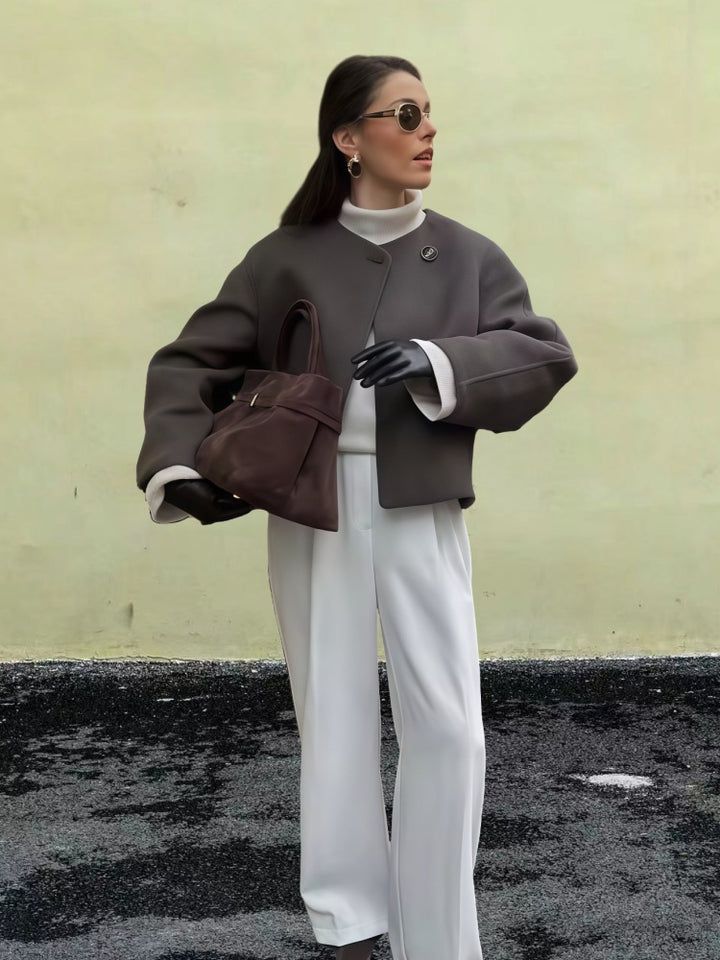 Damen Wickeljacke mit weiten Ärmeln und dekorativem Knopf Drune