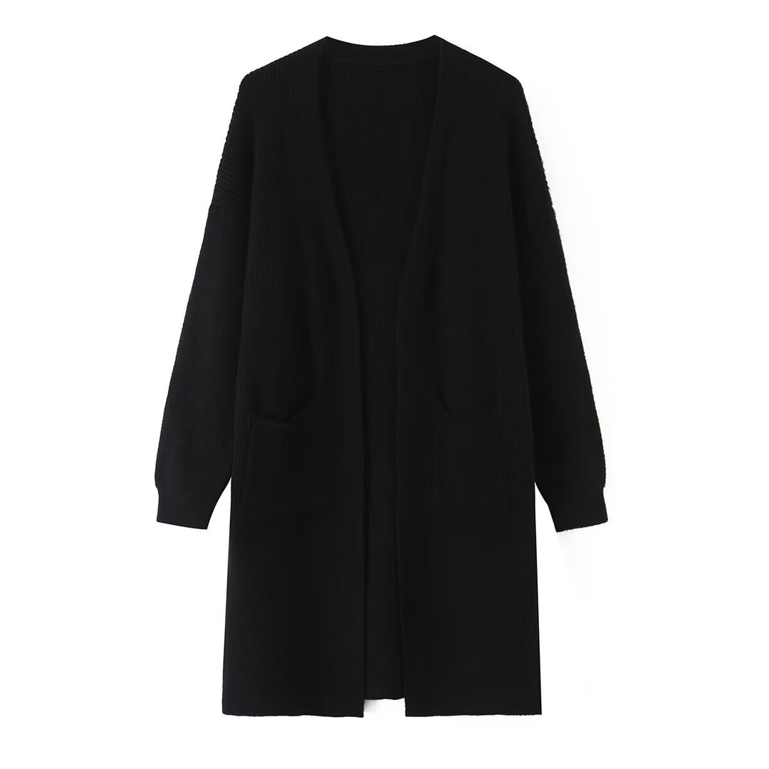 Damen Longline Strickcardigan mit aufgesetzten Taschen und offener Front Drune