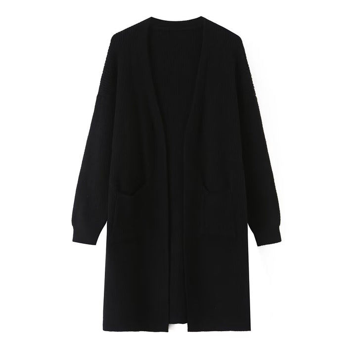 Damen Longline Strickcardigan mit aufgesetzten Taschen und offener Front Drune