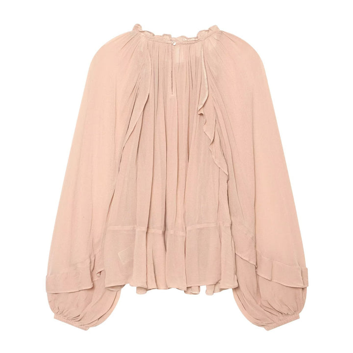 Damen Gerüschte Plissee‑Chiffonbluse mit Stehkragen und Ballonärmeln Drune