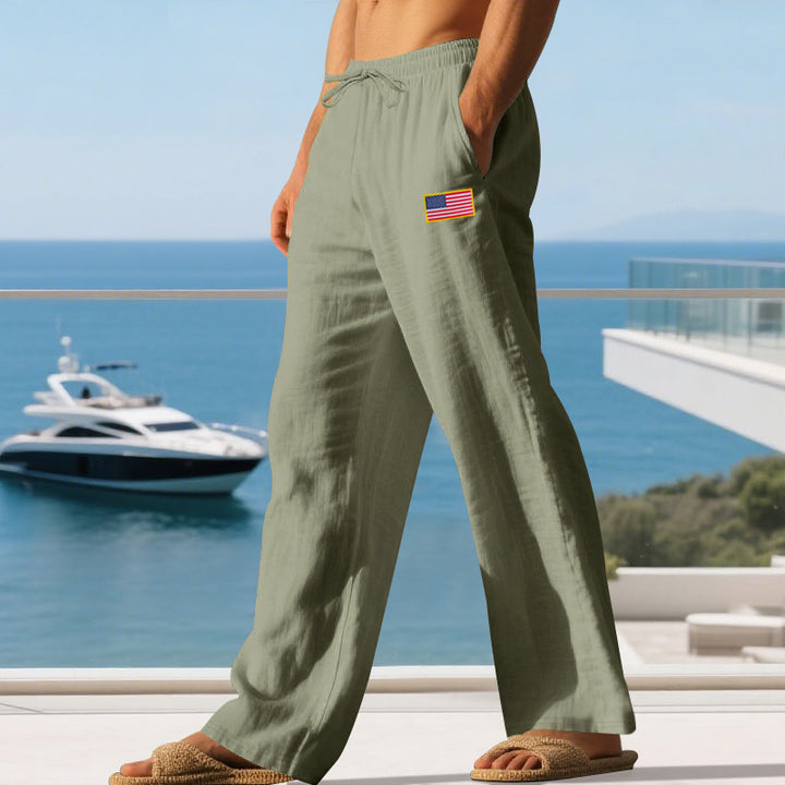 Herren Maritime Relaxed‑Fit Leinenoptik-Freizeithose mit Tunnelzug & Flaggen-Patch Drune