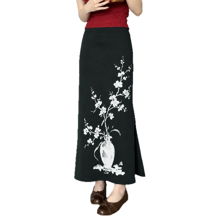 Damen nan ausgestellter Maxi-Rock mit A-Linien-Schnitt, elastischem Bund und floraler Aquarell-Vasen-Print Drune