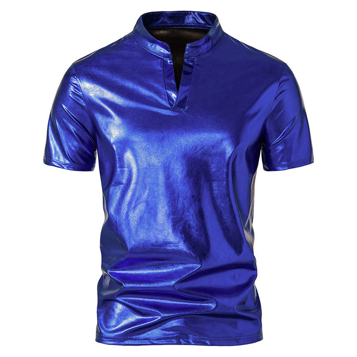 Herren modisches Metallic-T-Shirt mit hohem Kragen und kreativem Schnitt Drune
