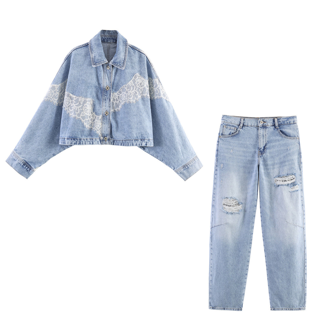Damen nan relaxed Straight‑Leg Jeans mit Destroyed‑Details und Spitzenunterlage Drune