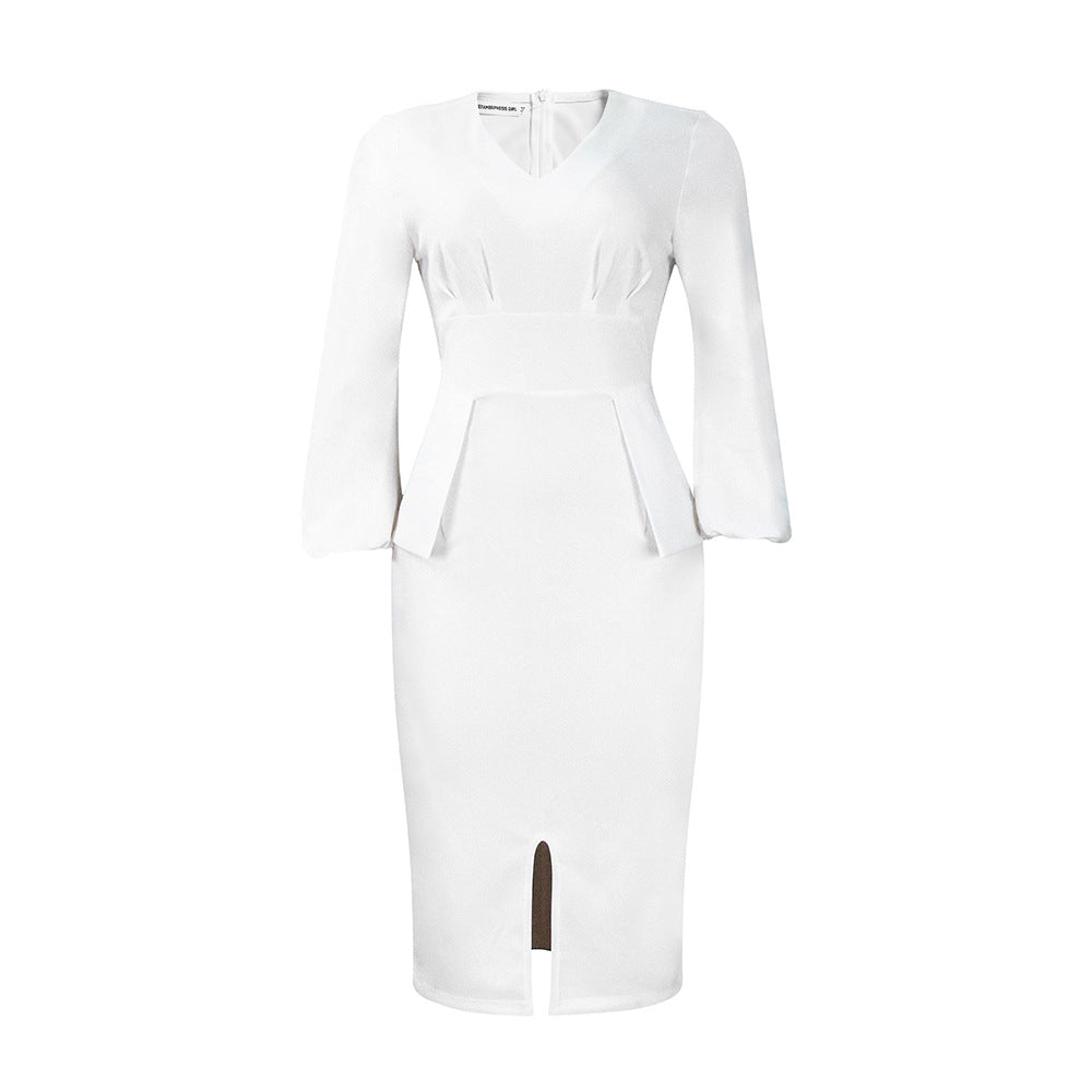 Damen Figurbetontes Midi-Kleid mit Puffärmeln und Schlitz Drune