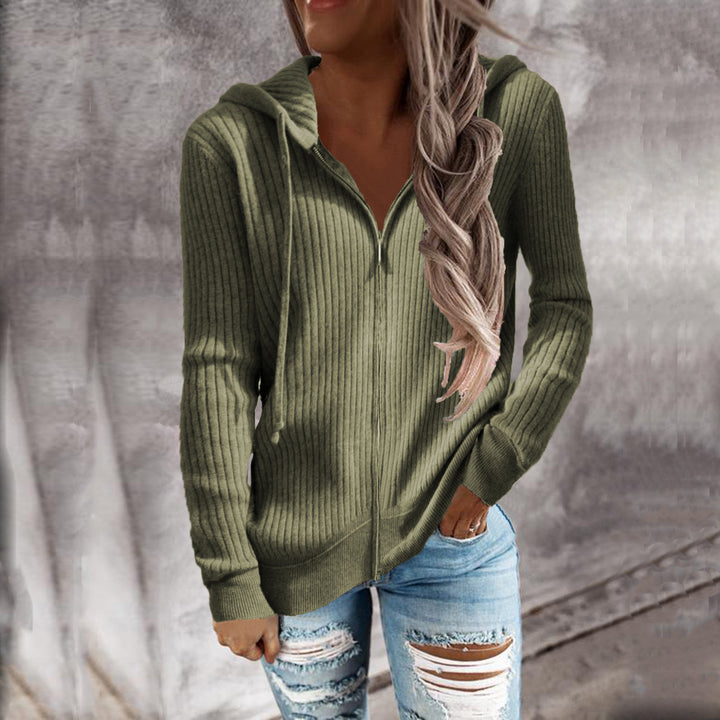 Damen Gerippter Kapuzenpullover mit Reißverschluss und Eingrifftaschen Drune