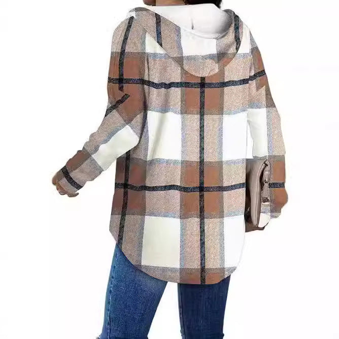 Damen lässige Karobluse mit Kapuze Drune