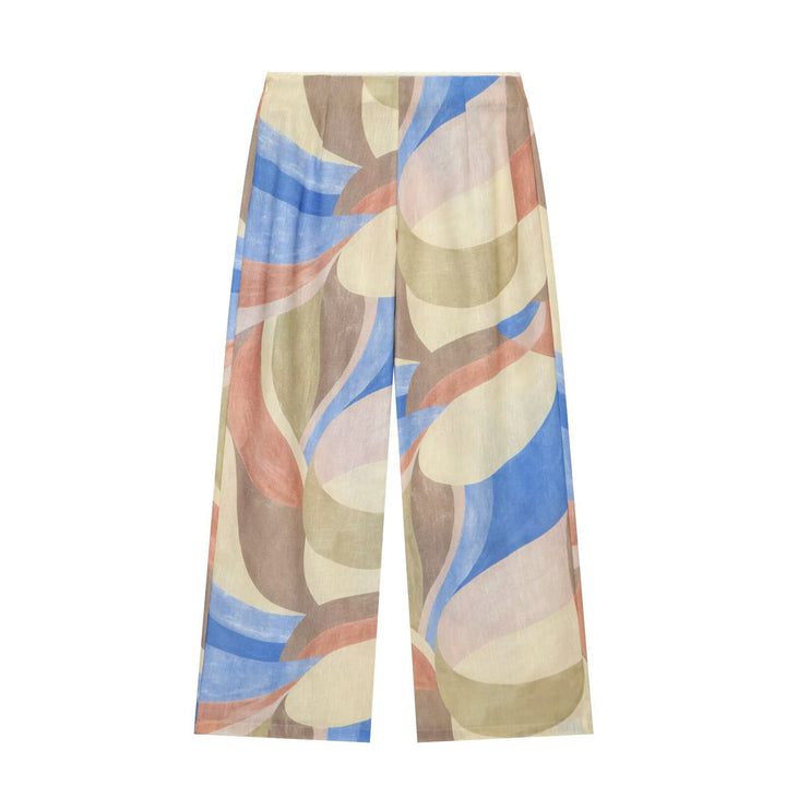 Damen Weite High‑Waist Leinenmix‑Hose mit abstraktem Aquarellprint Drune