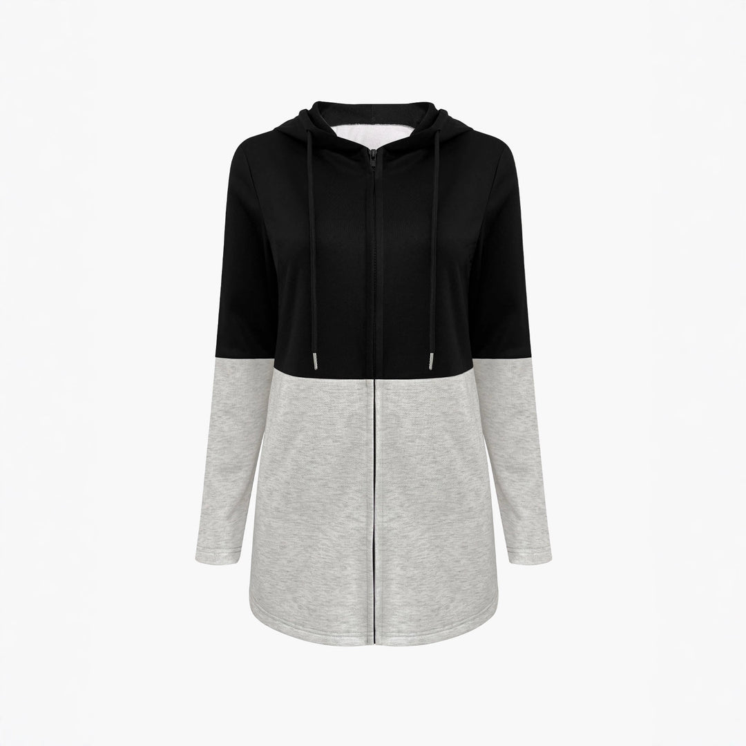 Damen Longline Kapuzen‑Sweatjacke mit Farbblock, Reißverschluss und Eingrifftaschen Drune