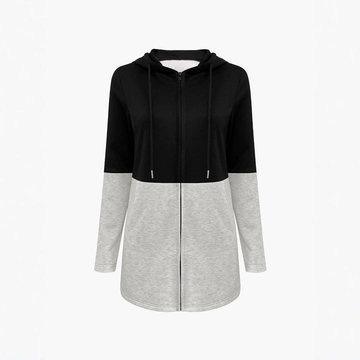 Damen Longline Kapuzen‑Sweatjacke mit Farbblock, Reißverschluss und Eingrifftaschen Drune