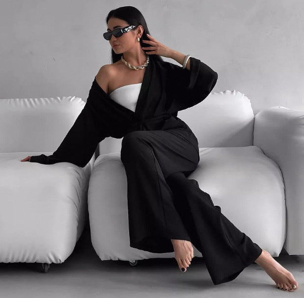 Damen lässiges Jumpsuit-Set mit weitem Schnitt und Taillengürtel Drune