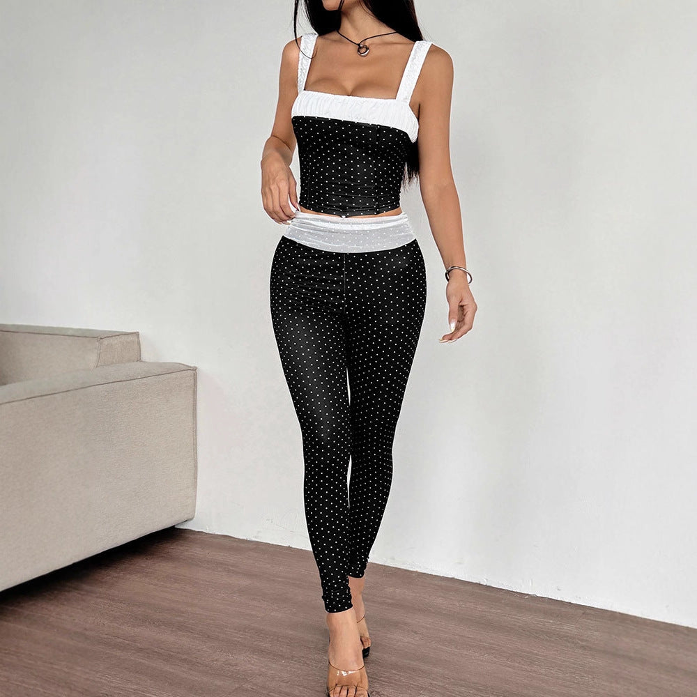 Damen Zweiteiliges Set mit gepunktetem Top und passender Hose Drune