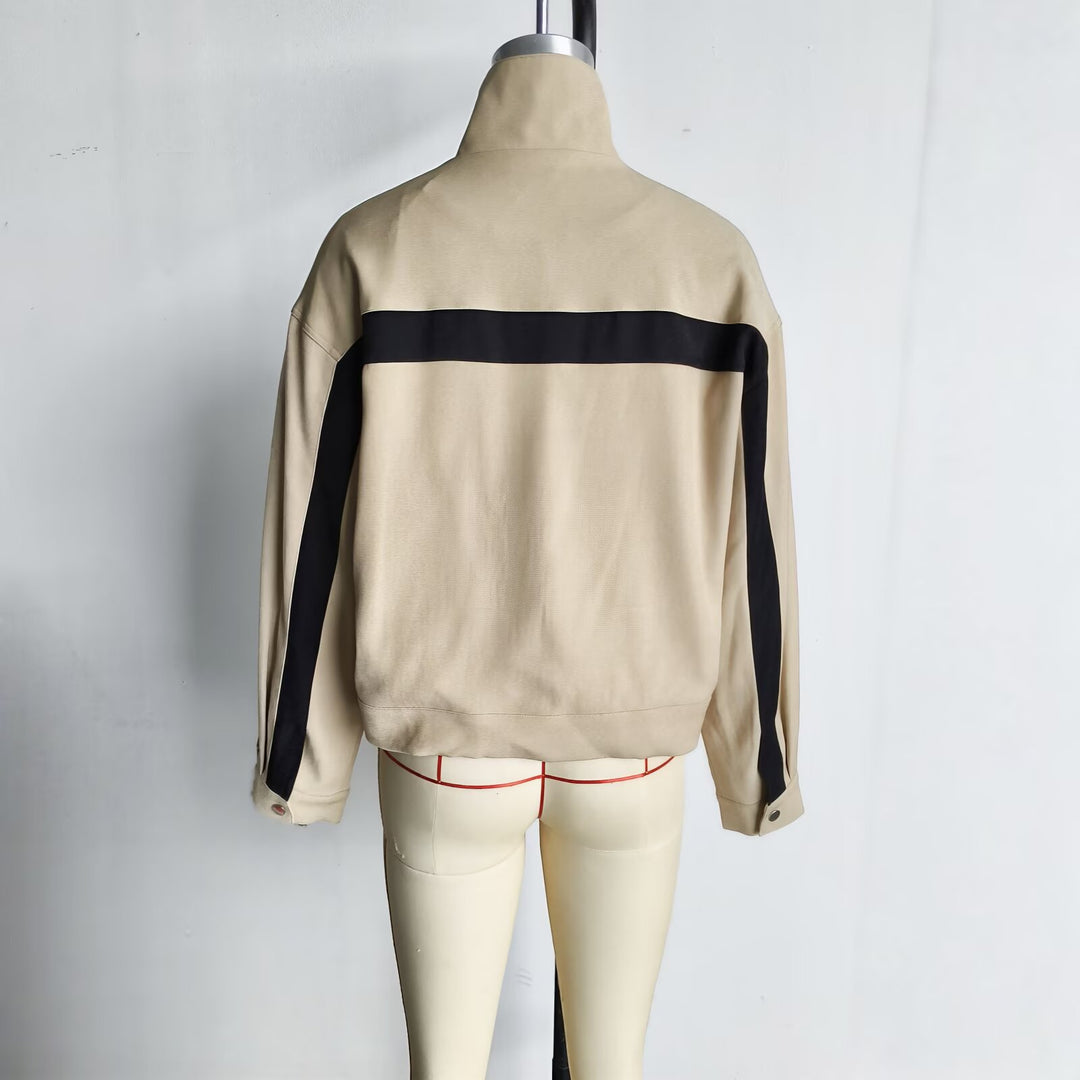 Damen Boxy-Cropped-Übergangsjacke mit Stehkragen, kontraststreifen und Eingrifftaschen Drune