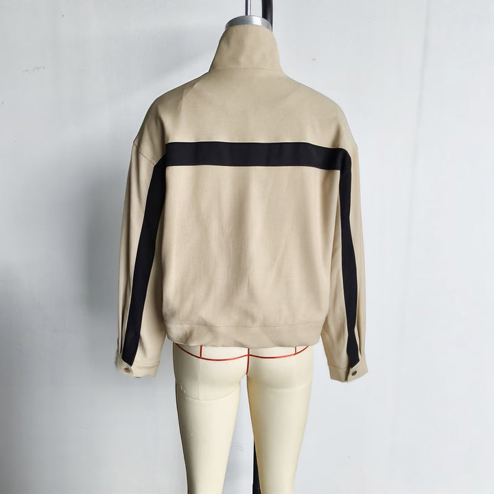 Damen Boxy-Cropped-Übergangsjacke mit Stehkragen, kontraststreifen und Eingrifftaschen Drune