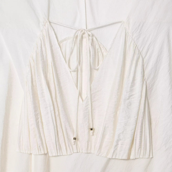 Damen Boho-Bluse mit Smock-Taillenbund, V-Ausschnitt und Ballonärmeln Drune