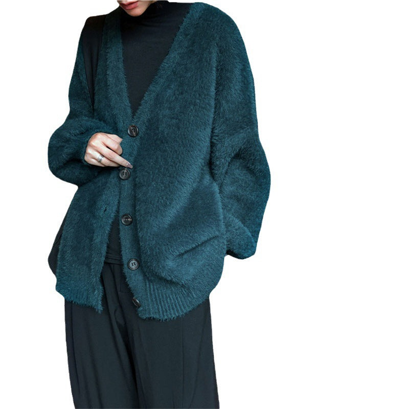 Damen Flauschiger Strickcardigan mit V-Ausschnitt und praktischen Knöpfen Drune