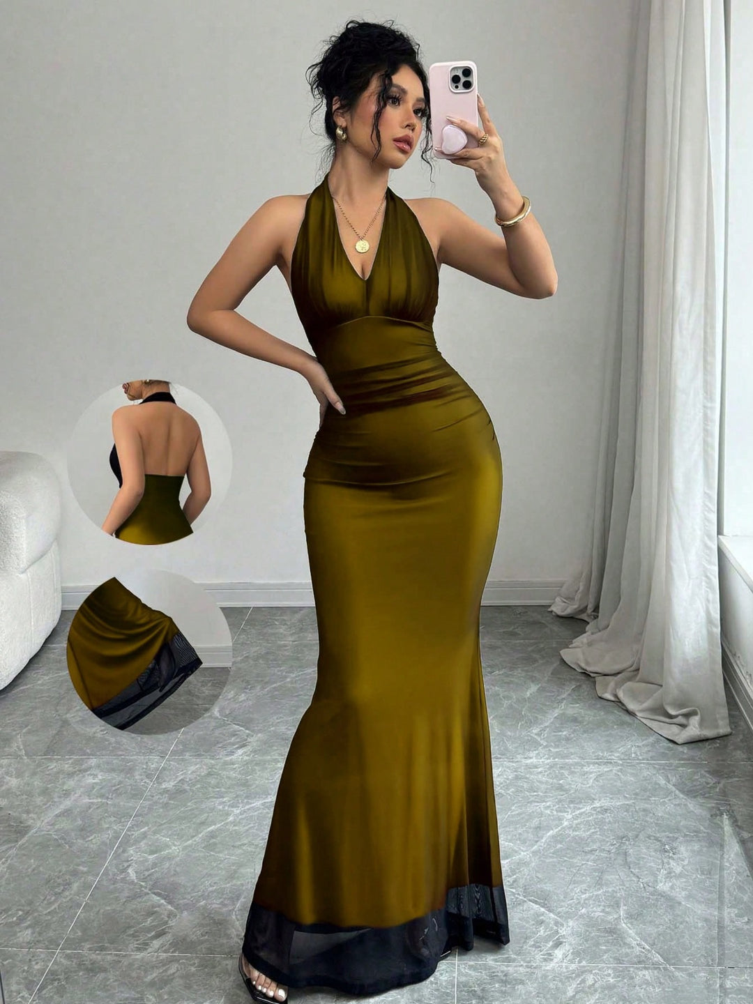 Damen Elegantes Maxikleid mit tiefem V-Ausschnitt und taillierendem Schnitt Drune