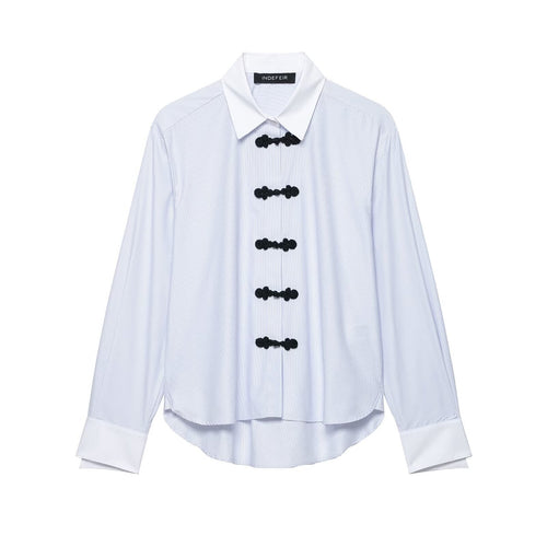 Damen Oversize-Hemdbluse mit Kontrastkragen, Manschetten und Froschknopf-Detail Drune