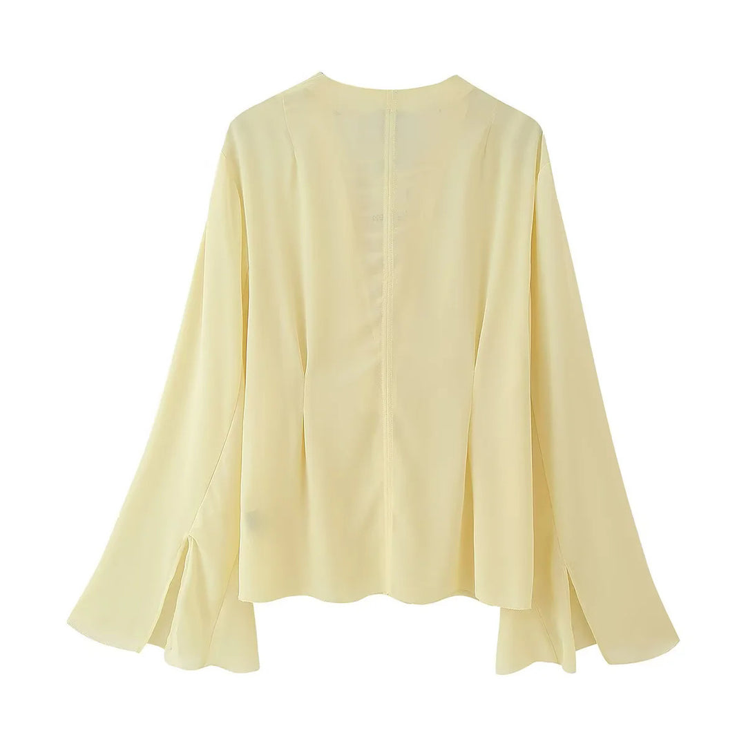 Damen nan feminine Chiffonbluse mit Schnürung V-Ausschnitt und Glockenärmeln Drune