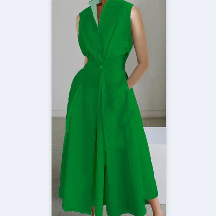 Damen Elegant geschnittenes Midi-Kleid mit tiefem V-Ausschnitt und praktischen Taschen Drune