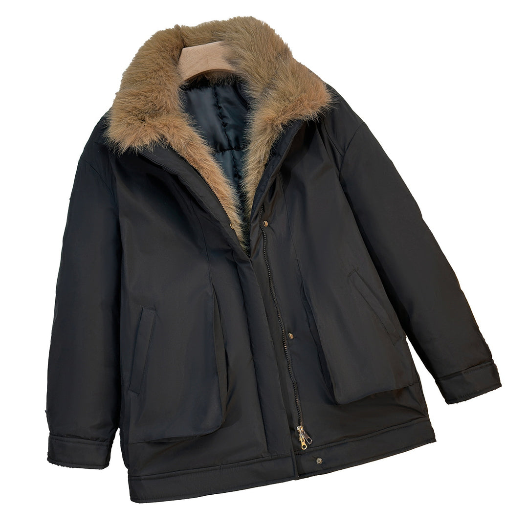 Damen nan mittellanger winddichter Winterparka mit abnehmbarem Kunstfellkragen, wattierter Innenblende und asymmetrischem Saum Drune