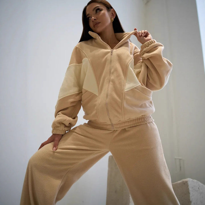 Damen oversized Reißverschluss-Fleecejacke mit Paneel-Details und weiter High-Waist-Loungehose Drune