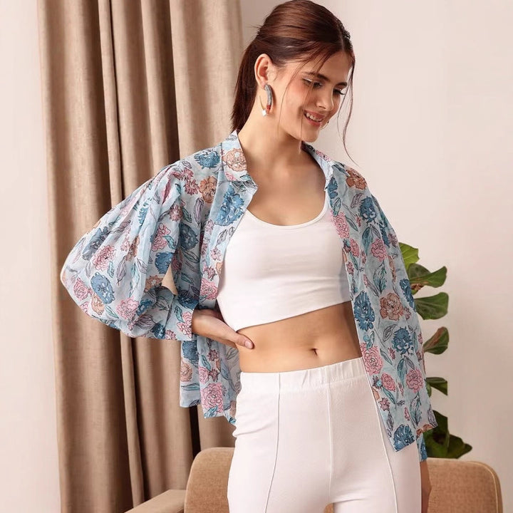 Damen Leichte Chiffon-Bluse mit floralem Allover-Print und Ballonärmeln Drune
